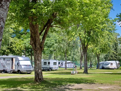 Reisemobilstellplatz - camping.info Buchung - 220 Stellplätze im Schatten, Halbschatten oder Sonne je nach Bedarf und Jahreszeit von 70m2 - 120m2. Wunderbare Aussicht auf die Berg in der Umgebung. - Camping am Waldbad
